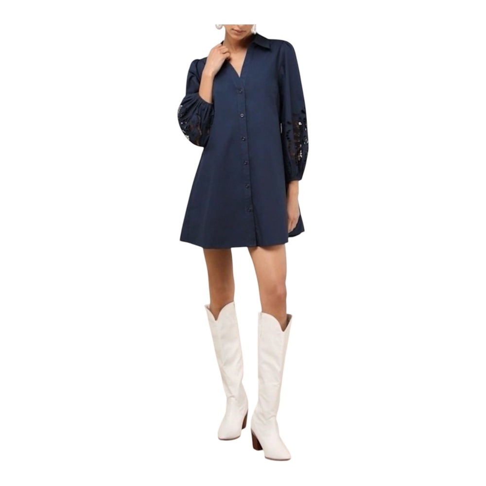 Lulus Mini Shirt Dress Navy Blue Eyelet Sleeve Tiered Party Preppy Casual Sz XS